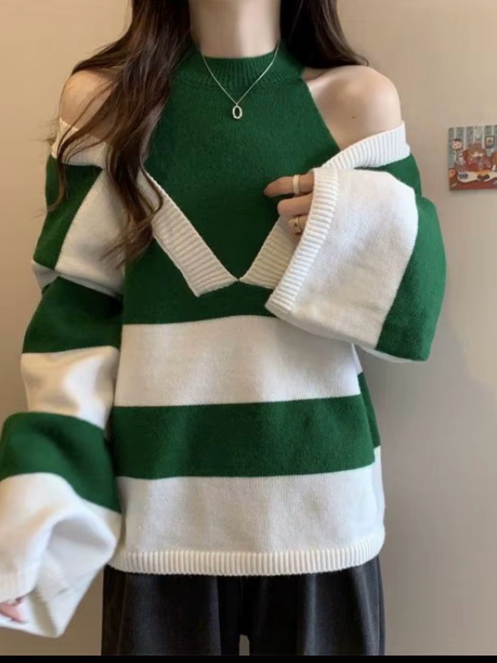 Green & White Cold-Shoulder Striped Sweater